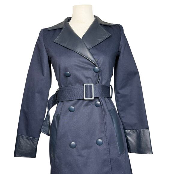 Misha Nonoo Navy Royal Lambskin Leather Trench Coat Size 0 - Picture 3 of 15